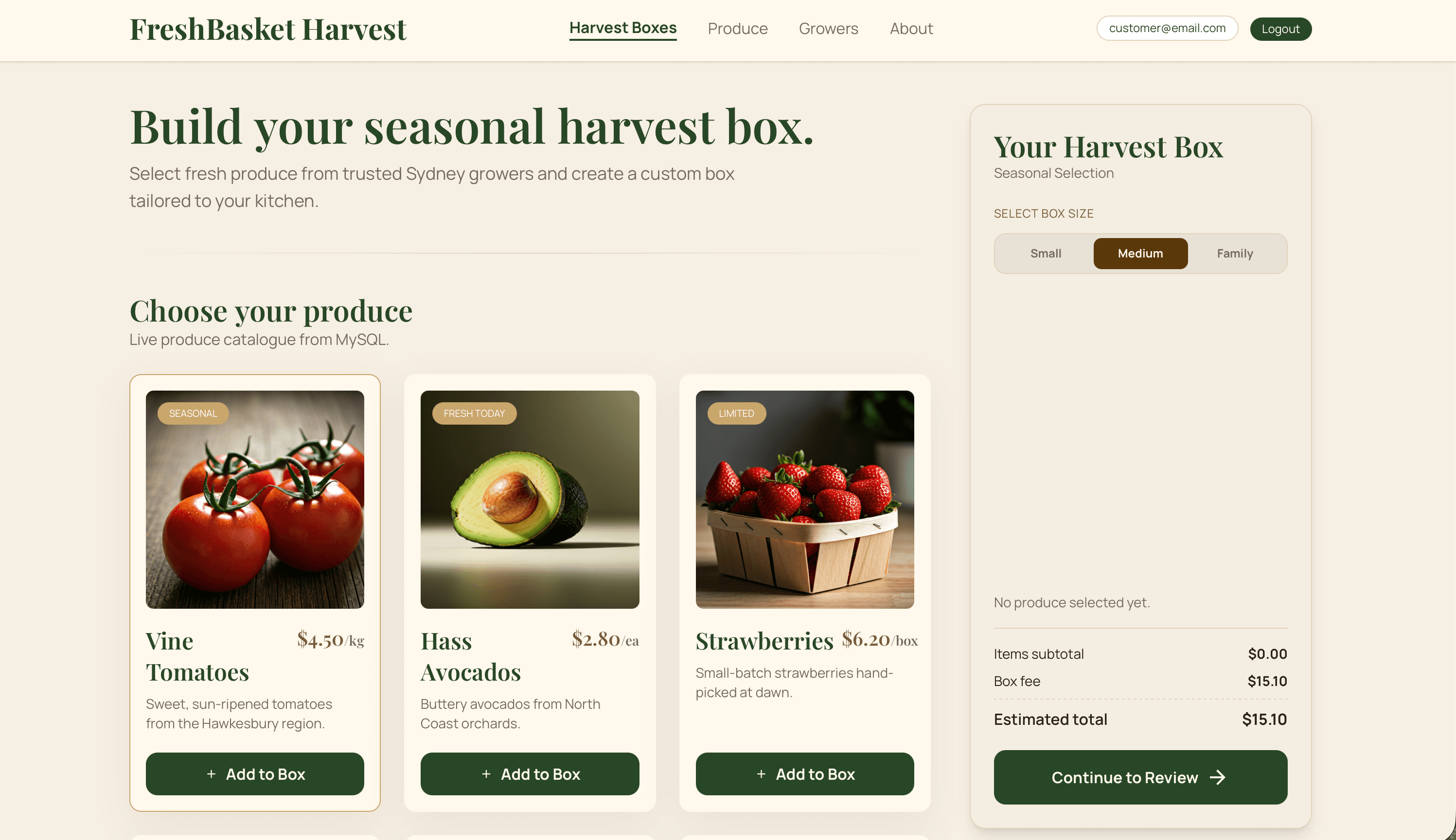 Customer Builder Flow: Customer produce-box builder flow running through the deployed web application.