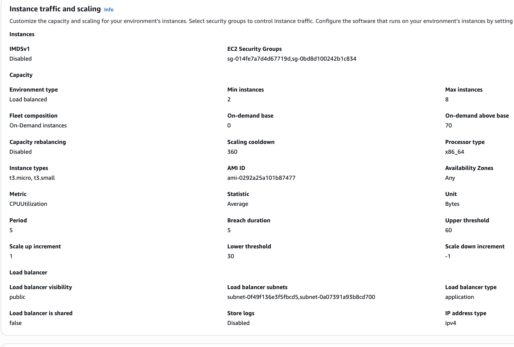 Scaling Configuration AWS configuration screenshot