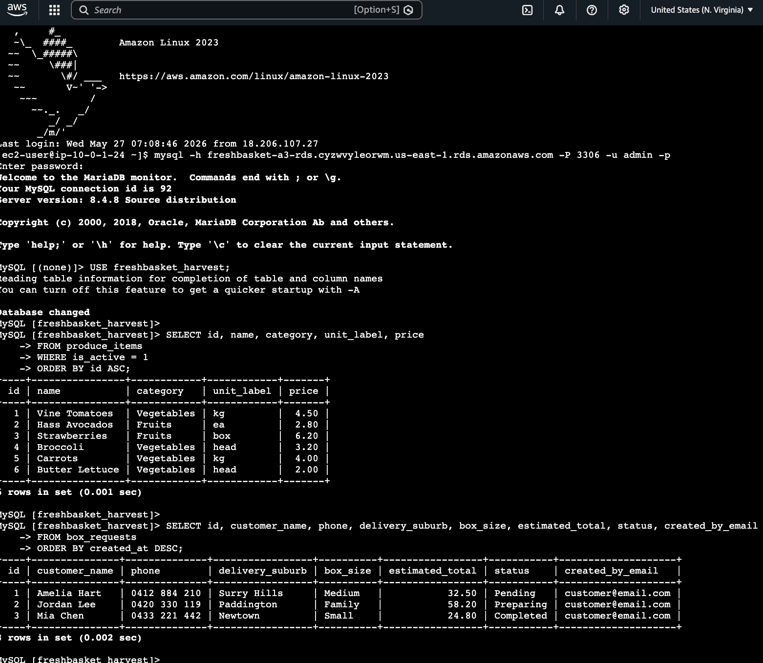 EC2 terminal connection to RDS MySQL with SQL query evidence