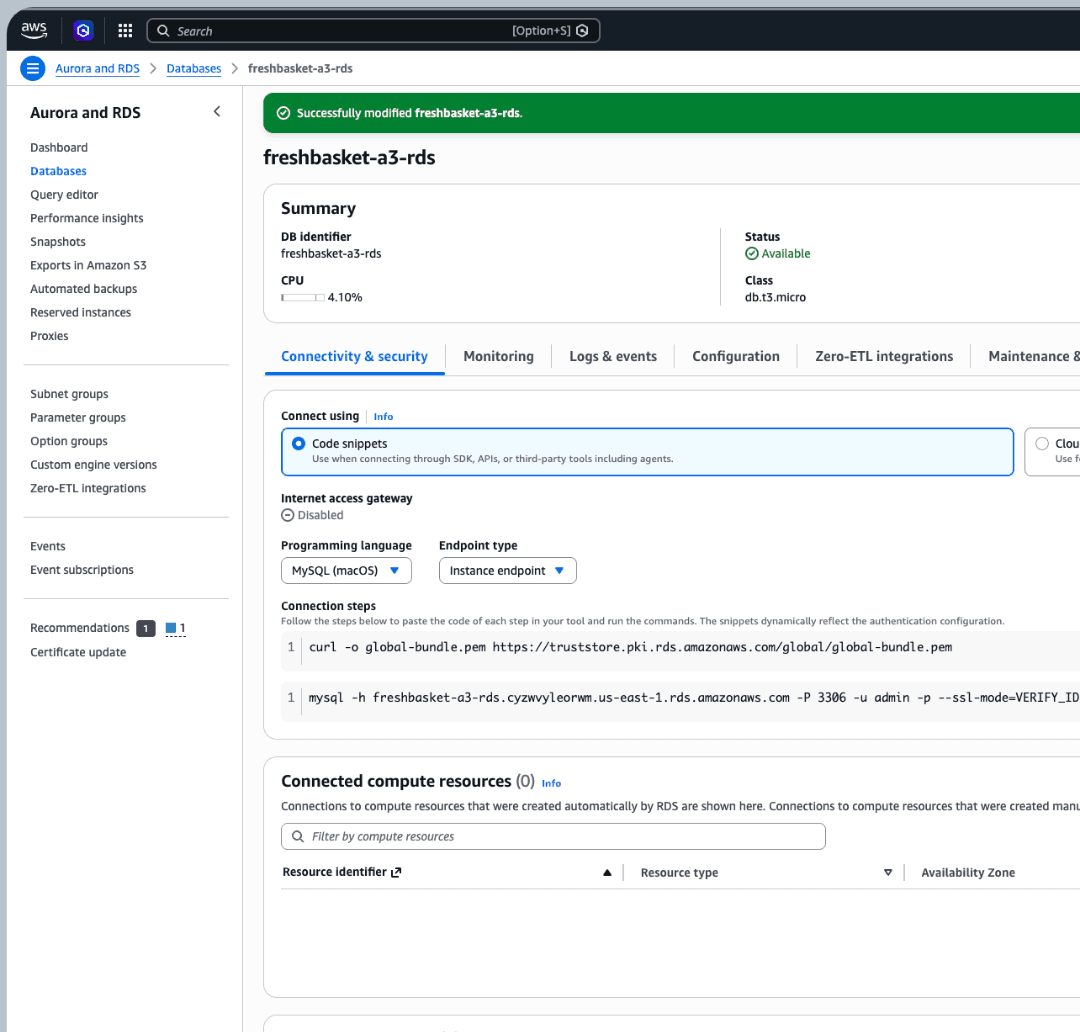 RDS MySQL Configuration: RDS MySQL configuration evidence for the database backing the deployed app.