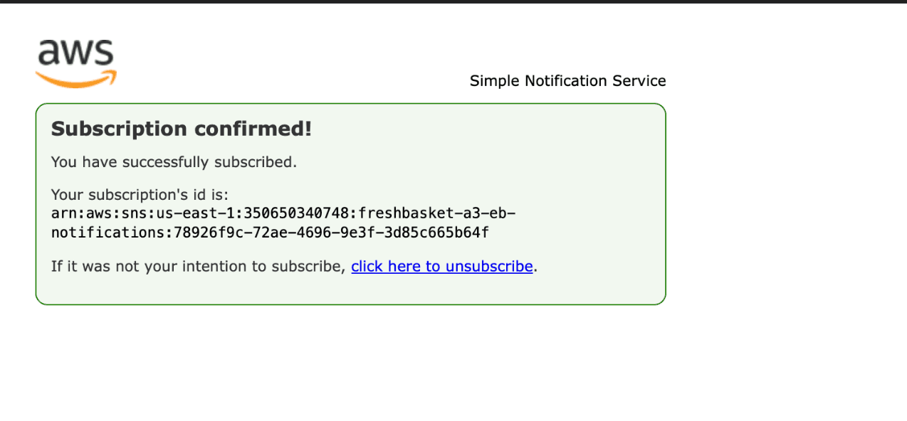 SNS Notification: SNS email subscription confirmation evidence for notification setup.