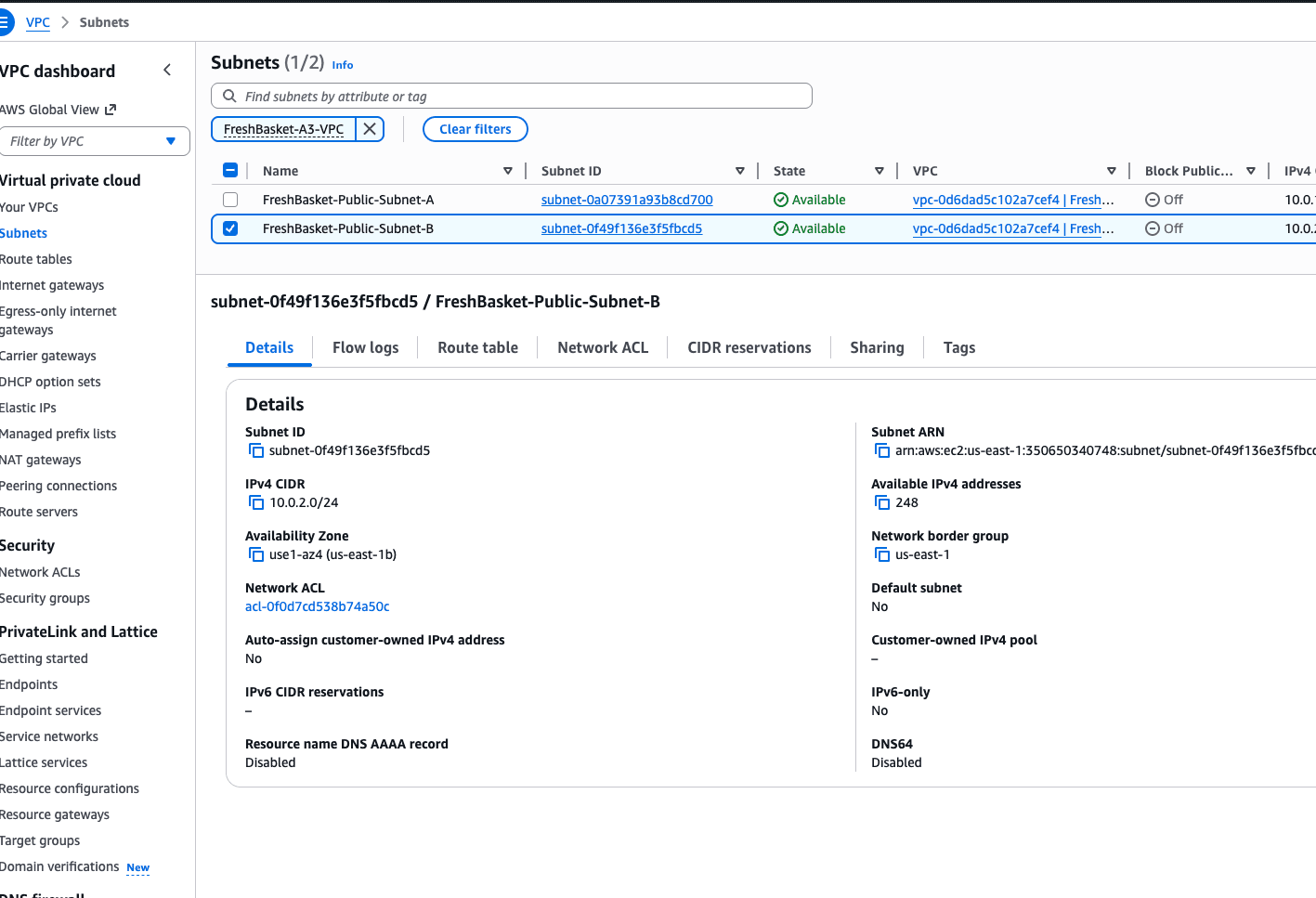 Public subnets AWS evidence screenshot