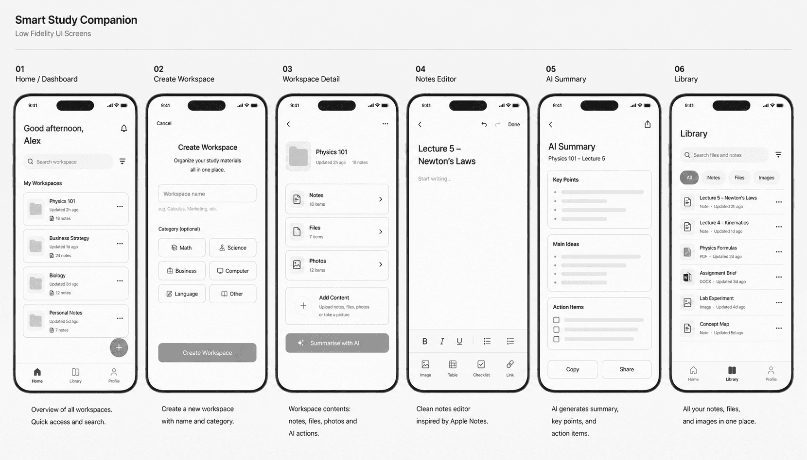 Lumora low-fidelity iOS study app screen sketches