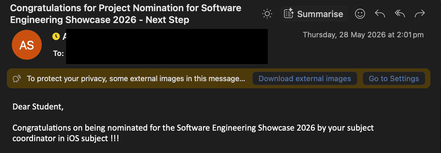 Software Engineering Showcase project nomination email evidence
