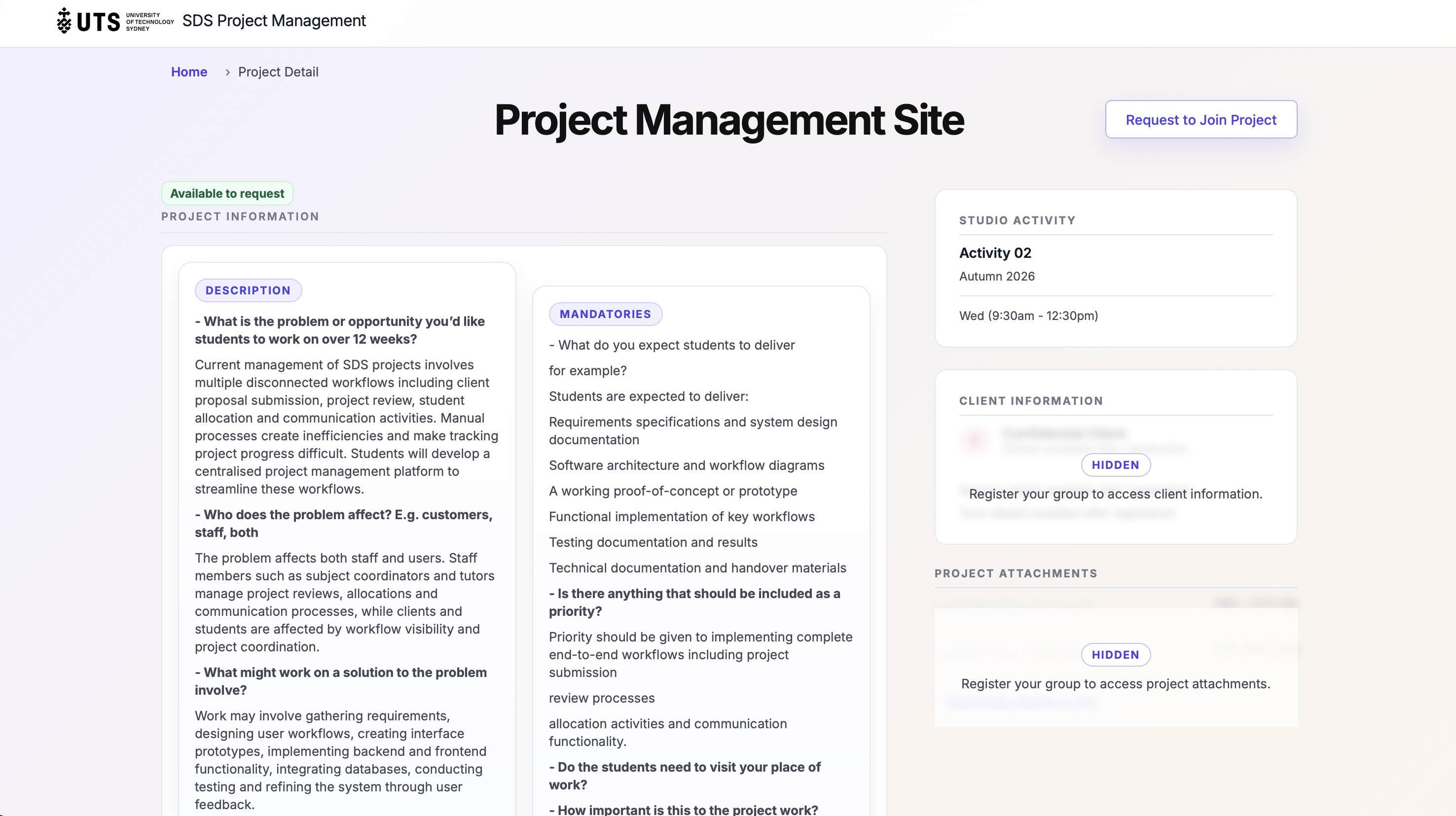 Project detail page interface preview