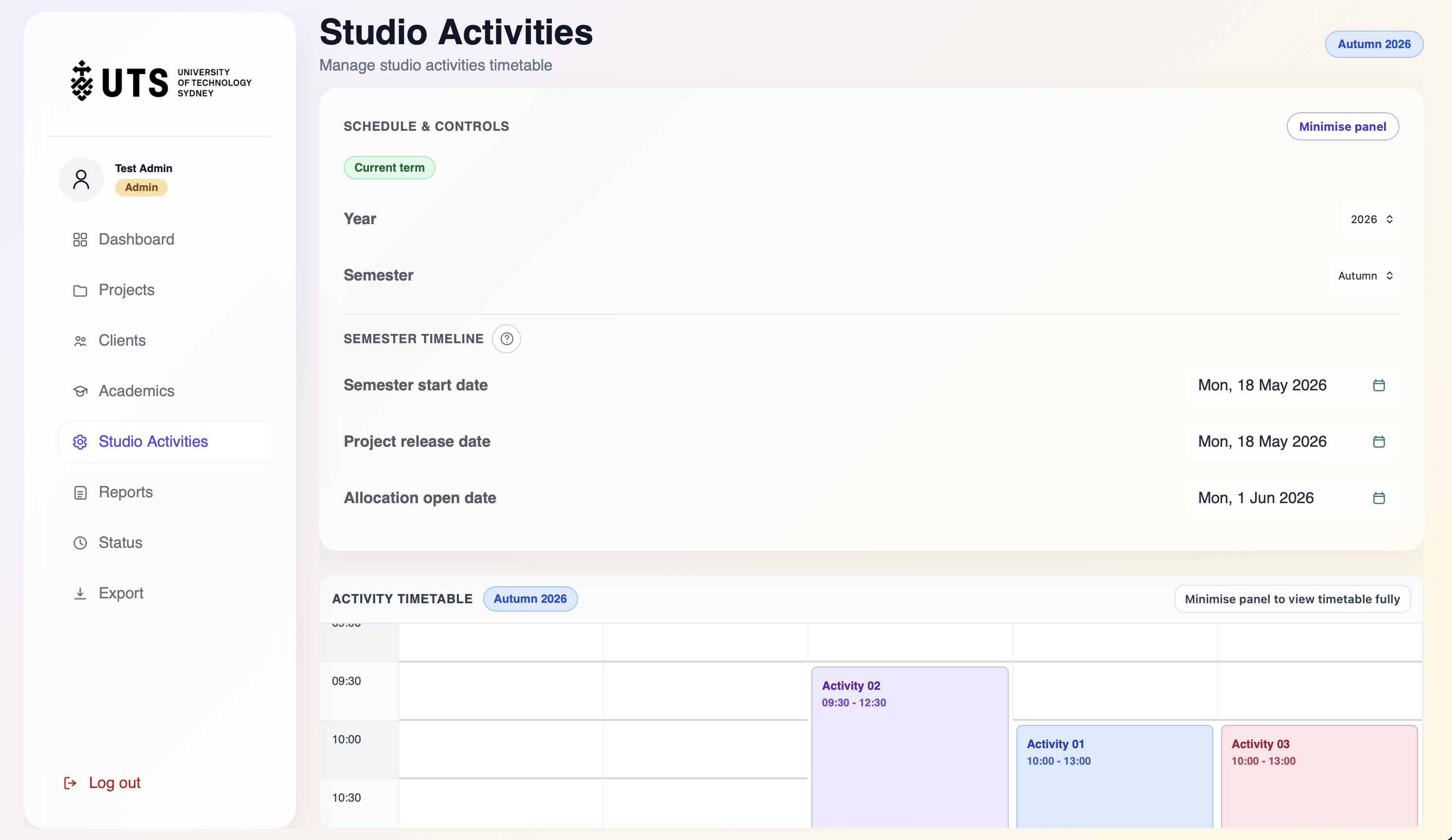 Studio activities interface preview
